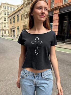 Brandy Melville Black Crop Tee with White Cross Outline